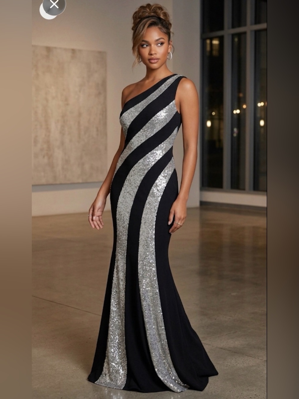 Elegant Black and Silver  Sequence One-Shoulder Gown